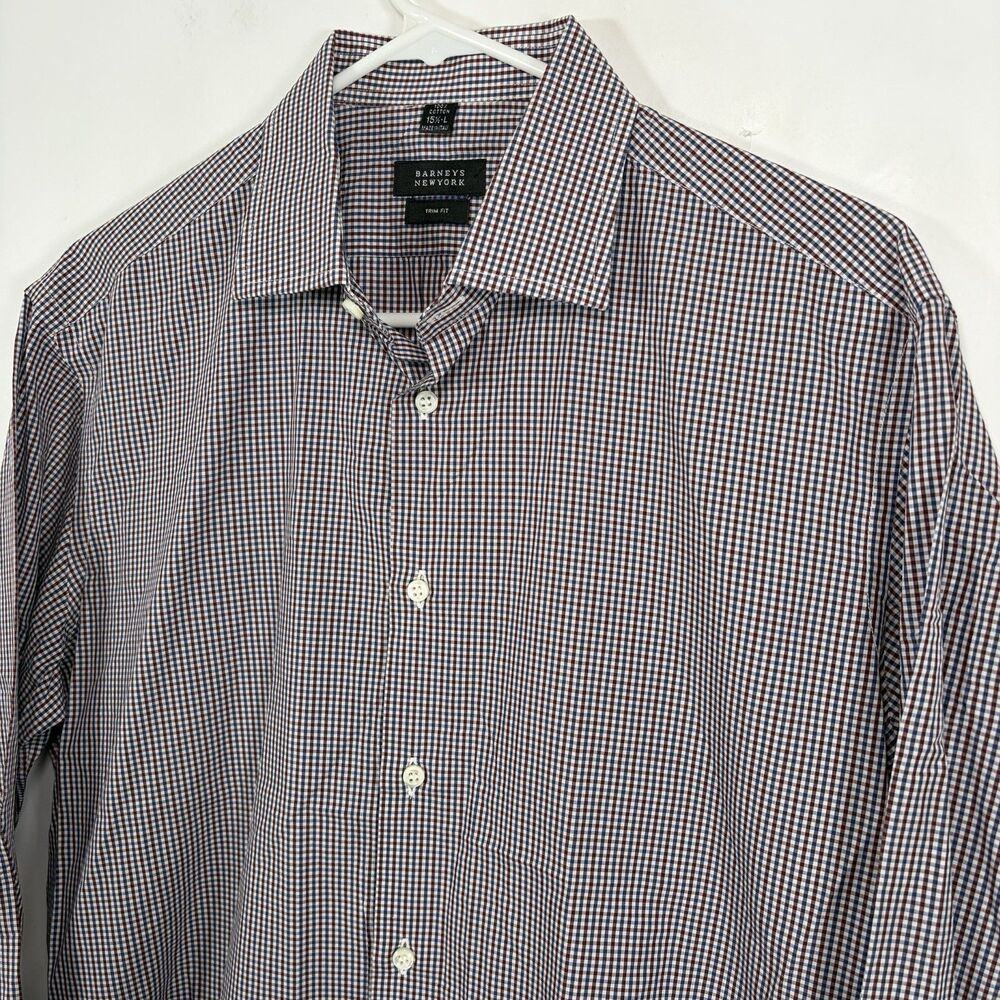 Barneys New York Trim Fit Button Up Shirt Men Size 15.5 Large Maroon Blue Checks